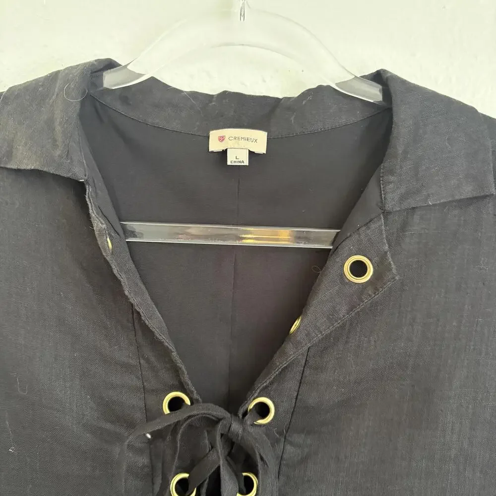 Cremieux | Women’s 100% Linen Short Sleeve Black Midi Dress Gold Grommets Size L - Picture 6 of 9